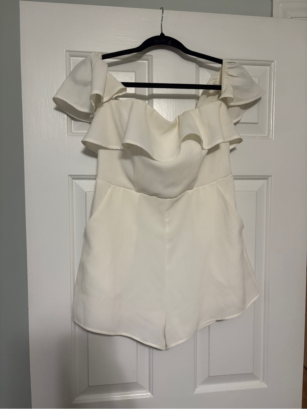 Shinestar Ivory Off-Shoulder Ruffle Romper